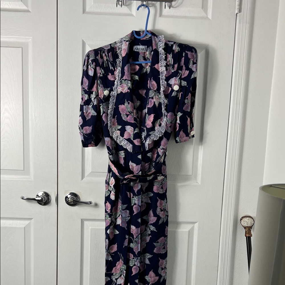MENU Dark Blue and Light Pink Floral Long Sleeve Dress